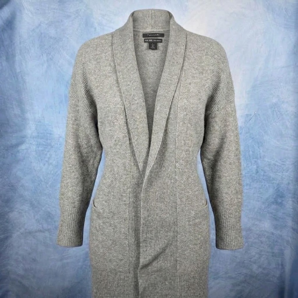 Tahari Pure Luxe 100% Cashmere Long Cardigan Sweater Gray Shawl Collar Large